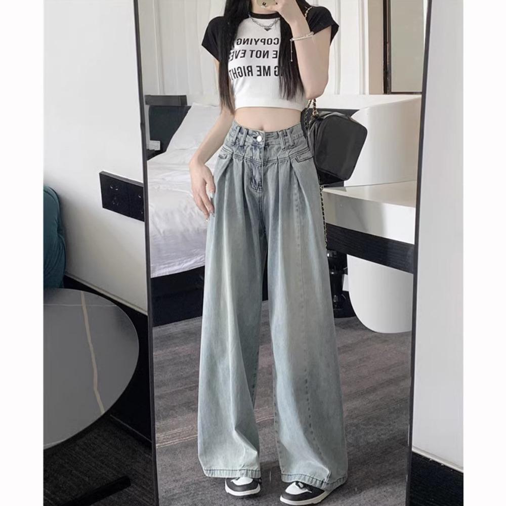 Trendy Design Denim Wide-leg Pants Women's Spring and Autumn New High-waisted Loose and Versatile Floor-mopping Jeans