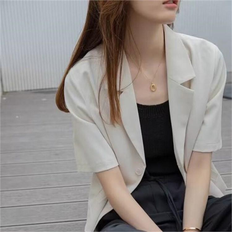 Women Summer Short Sleeve Lapel Loose Fit Business Suit Jacket with Pockets Solid Color