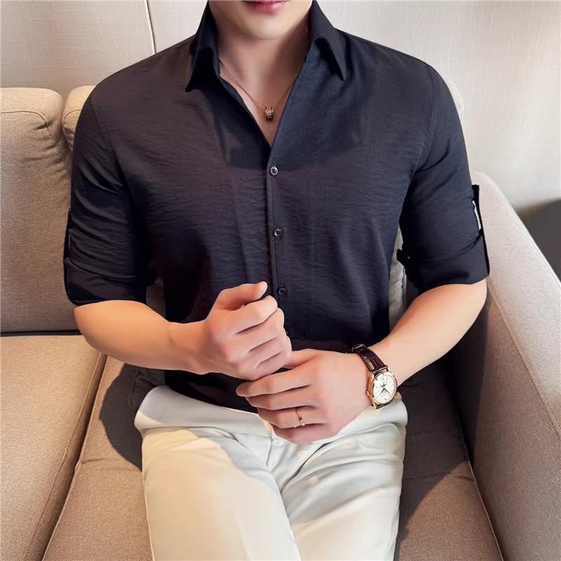 

Весна Лето Тонкие повседневные рубашки Мужская мода Slim Fit Однотонные рубашки с длинным рукавом Смарт-повседневная рубашка Мужская однобортная блузка XXL королевский синий