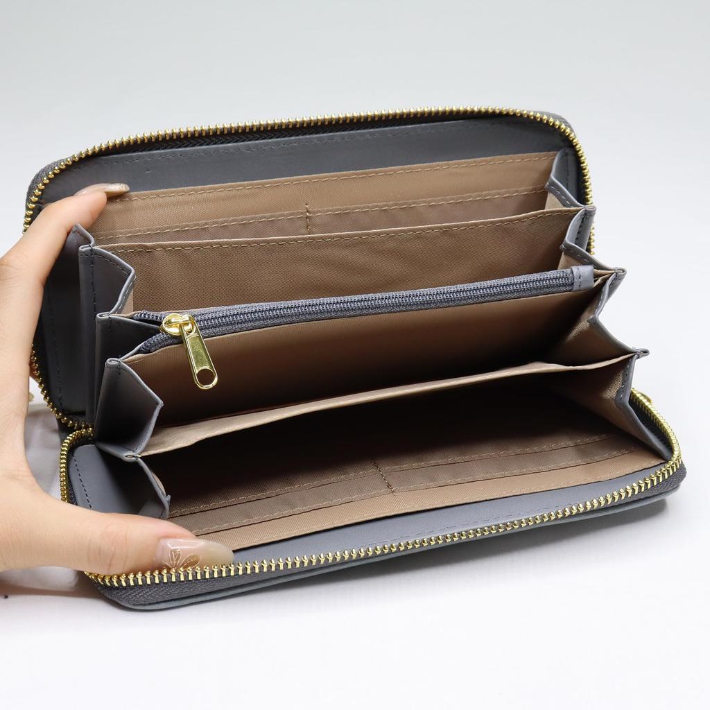 Long Large Round Quilted Elegant [Luciano Valentino] Women's Wallet, Capacity, Zipper, Stripe, High-End Look, (Gray)