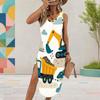 Women Plus Size White Sleeveless U Neck Cartoon Printed Long Dress High Side Slit Curved Hem