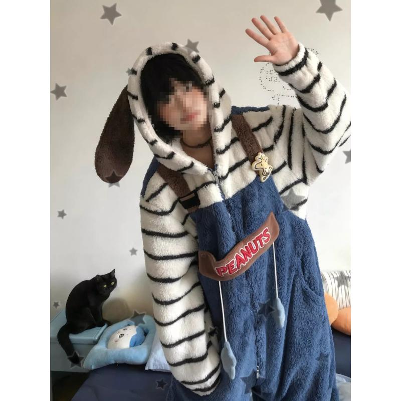 Cute Girl Leopard Print Jumpsuit Pajamas Autumn and Winter Flannel Thick Warm Hooded Home Clothing Wearable As Outerwear Homewear Comfortable Jumpsuit