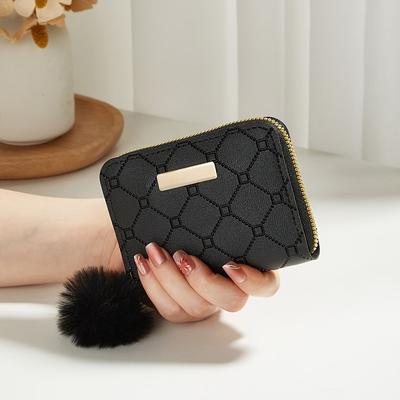 Portefeuille court mode femme, Porte-monnaie gaufré, Style décontracté, Porte-cartes avec détail pompon
