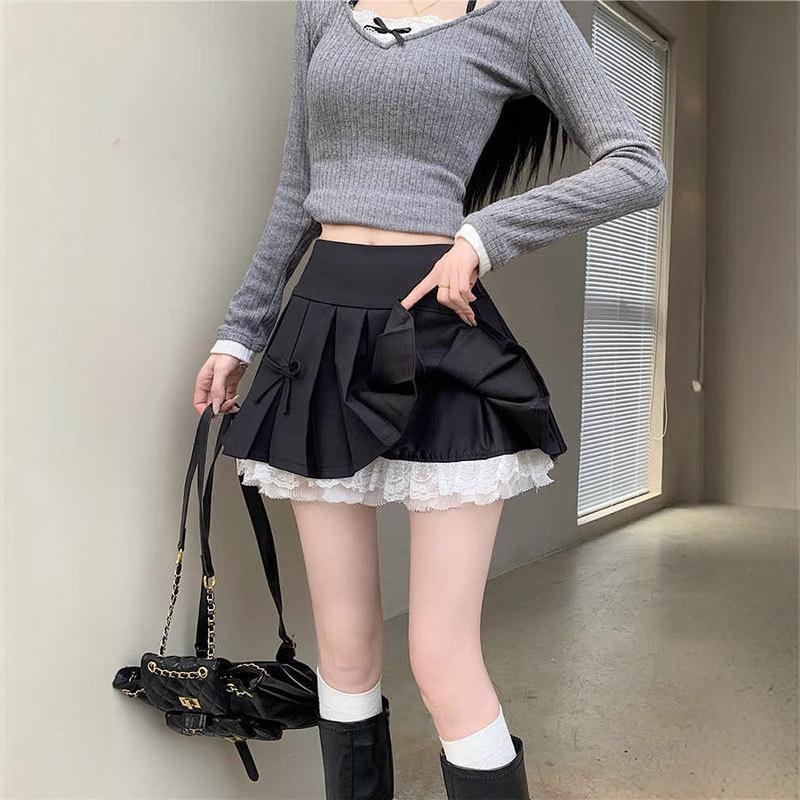 Ballet-Inspired Lace Bow Skirt: 2025 Trendy High-Waist Pleated A-Line Mini for Women