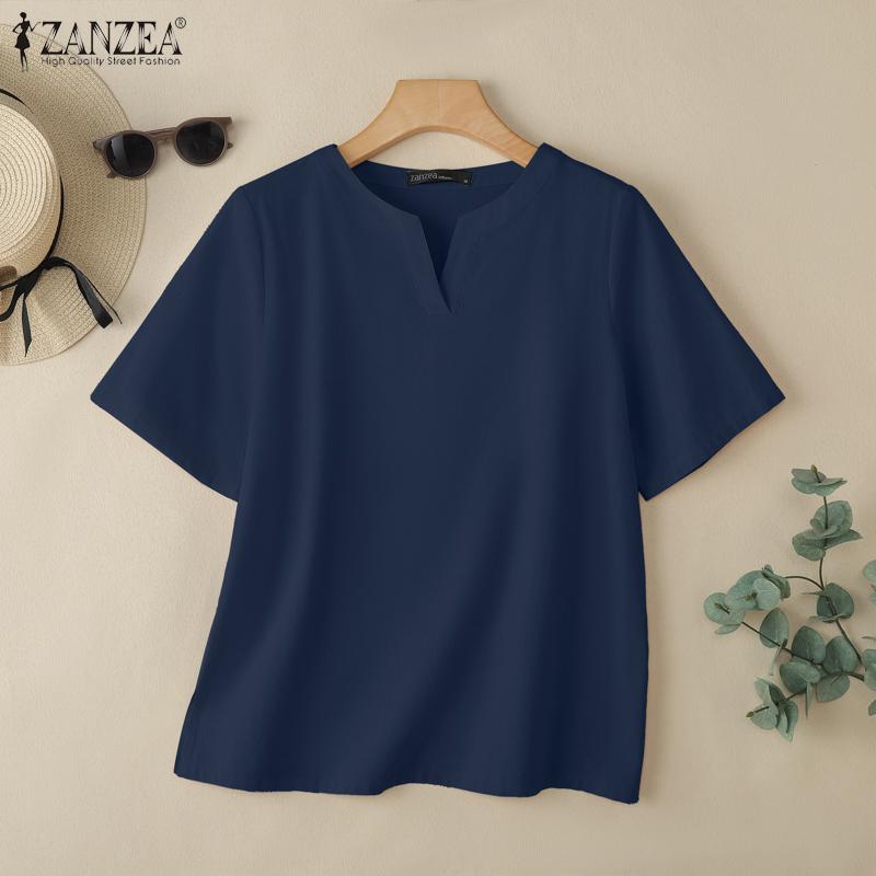 ZANZEA Women Casual V-Neck Solid Color Loose Short Sleeve Blouse