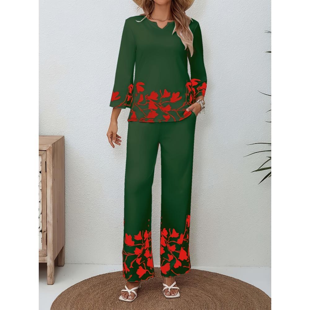 Women's Loose Fit Two-piece Outfit Set Three Quarter Sleeve Blouse High Waist Wide Leg Pants Floral Print Casual Lounge Matching Suit