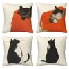 Modern Ink Style Cat Pillowcase: Minimalist Black & Orange Pattern Cushion Cover For Stylish Sofa Living Room Home Decor
