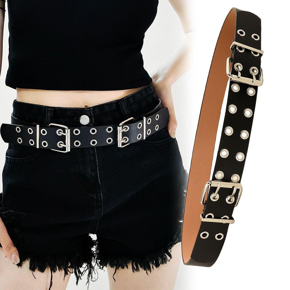 Round Eyelet Gothic Leather Belt Transparent Double Pin Buckle Waistband Rivet Belts  Men Women
