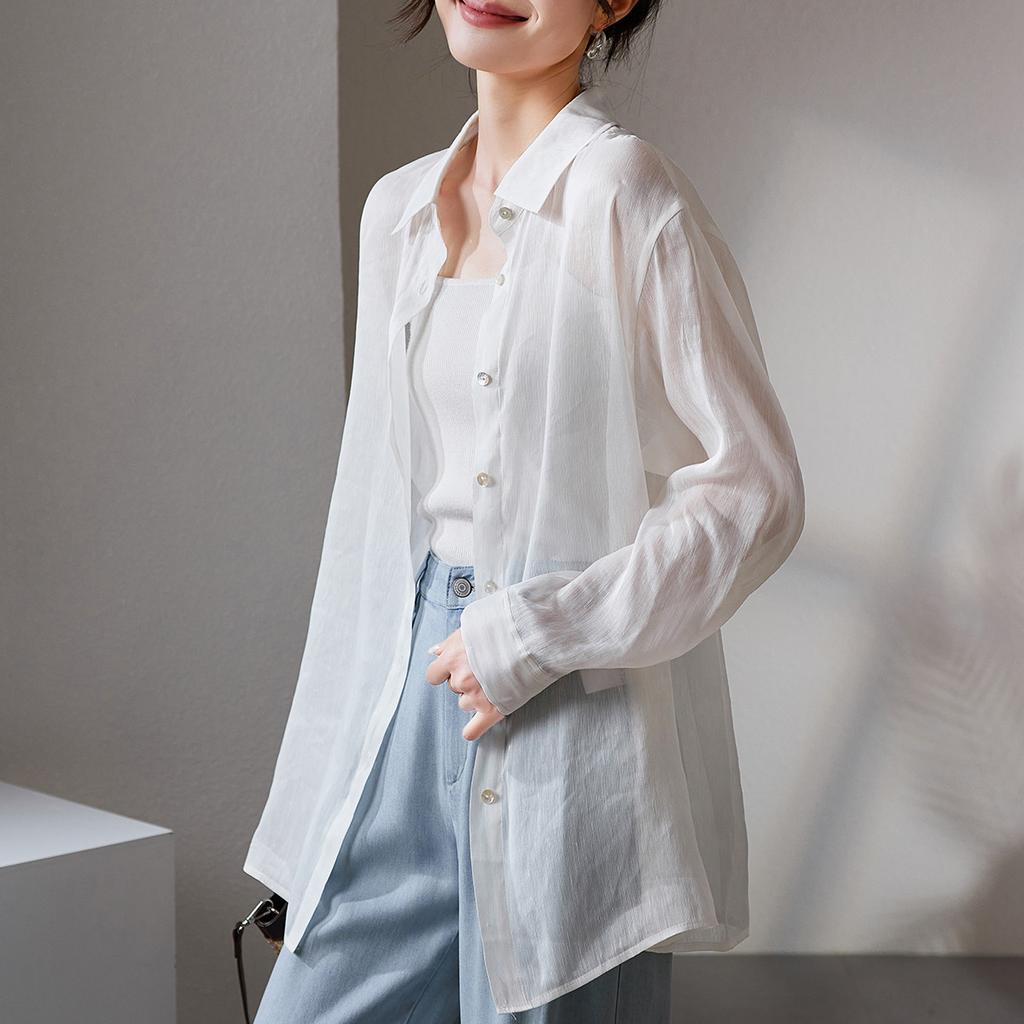 Lightweight long sleeved silk and linen shirt for women in 2026 summer, simple and versatile for commuting, solid color shirt