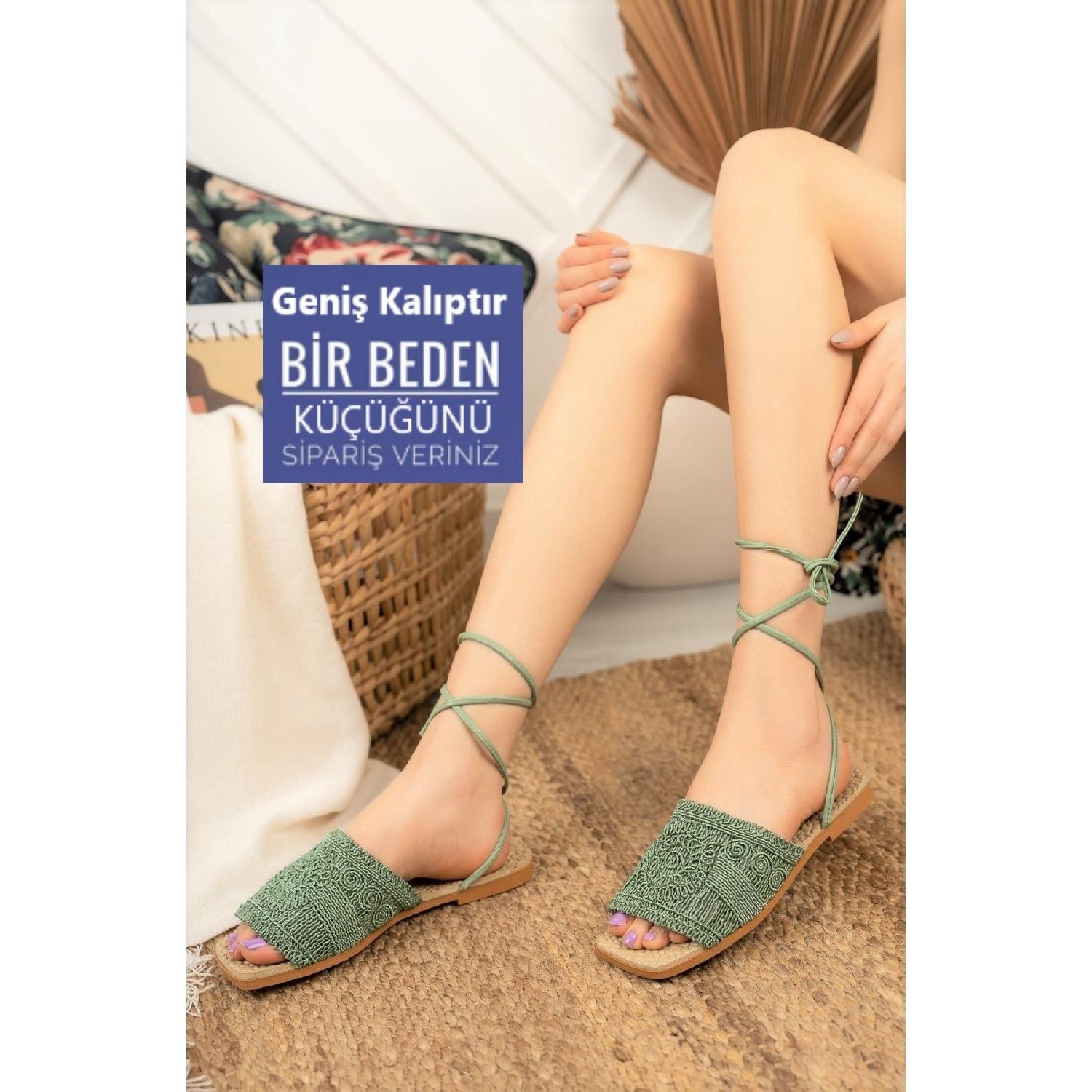 

Женские сандалии с галстуком, мятно-зеленый, новый сезон, кружевной вязаный галстук, лен, повседневные сандалии