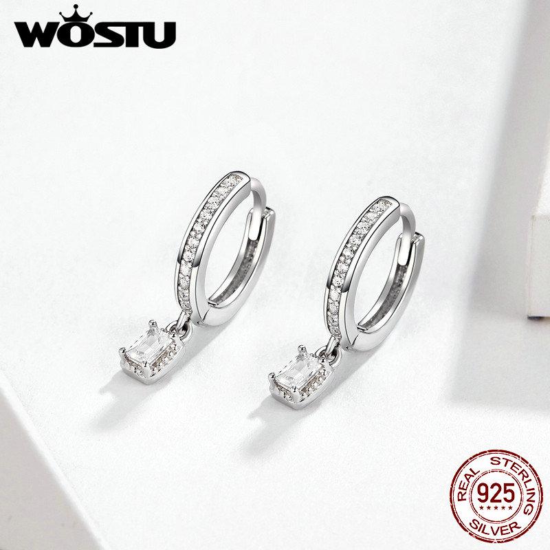 WOSTU Hot Sale 100% 925 Sterling Silver Circle Dangle Clear Zircon Earrings For Women Korean Style Wedding Fine Jewelry CTE157