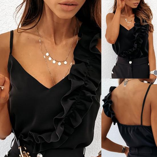 Frauen Sexy Einfarbig Spaghetti Rüschen Strap Rückenfreies Leibchen Weste Bluse