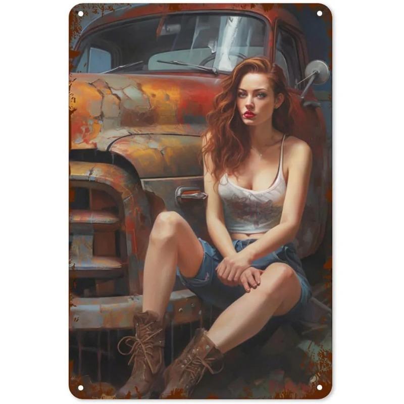 Vintage Pinup Girl Fast & Sexy Girls Classic Car Automobile Metal Tin Sings For Man Cave Garage Bar Cafe Clubs Car Decor Posters