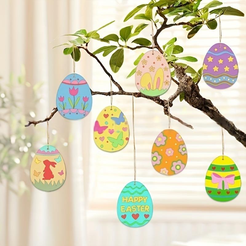 8pcs Easter Wooden Assorted Colored Egg Shapes Blank Wooden Ornaments Spring Home Hanging Ornaments Crafts Easter Decorations