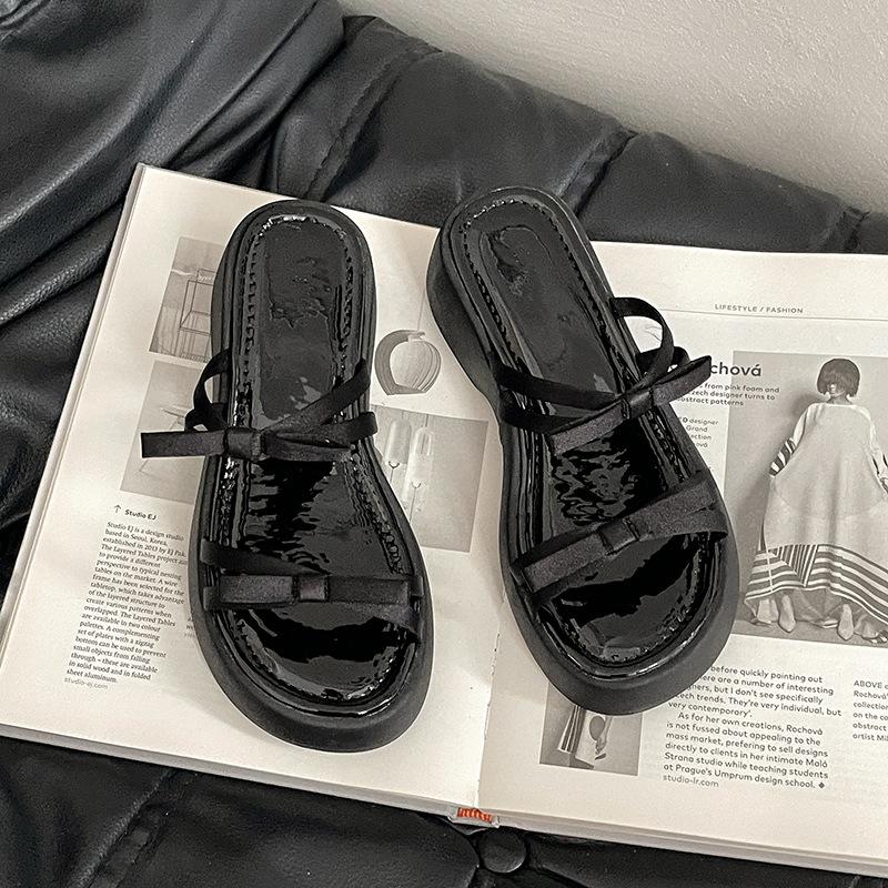 Bow thick bottom heightening women's cool slippers summer new wear heightening fairy style versatile flip-flops female tide