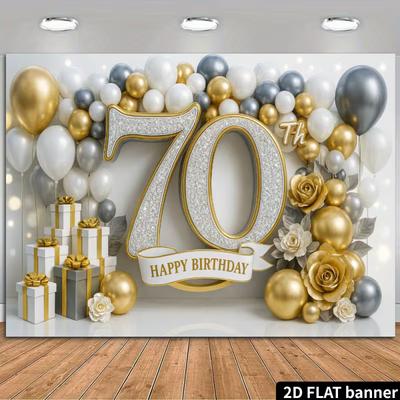 Fundal Luxos 2D pentru a 70-a Zi de Naștere - Auriu Argintiu Roz & Banner cu Cadou pentru Ședința Foto de a 70-a Zi de Naștere