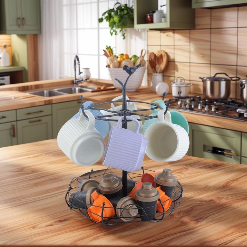 Multi Tiers Rotating Cup Shelf Iron Construction Vertical Stackable Design Coffee Mug Storage Solution