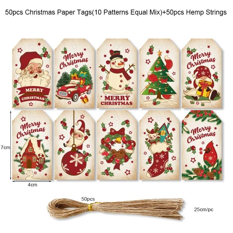50pcs Merry Christmas Kraft Paper Tags Gift Packaging Decoration Xmas Tree Hanging Label 2024 Navidad New Year Kids Gift Card