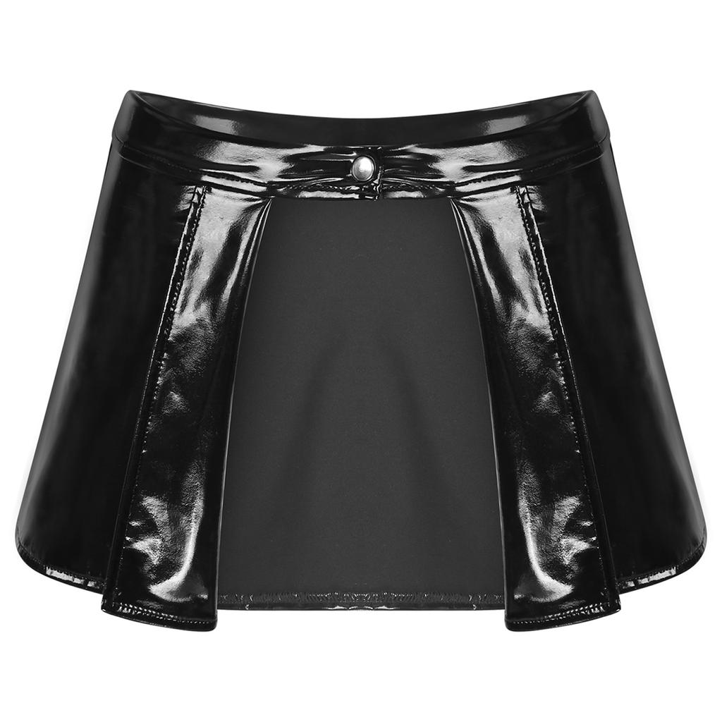 Womens Patent Leather Mini Skirt Open Front Design Pole Dance Clubwear