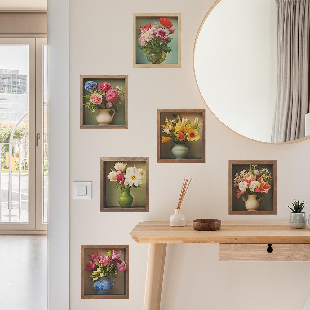 6 Stück Selbstklebende Bemalte Vase Schlafzimmer Wohnzimmer Zuhause Hintergrundwand Verschönerung Wandaufkleber