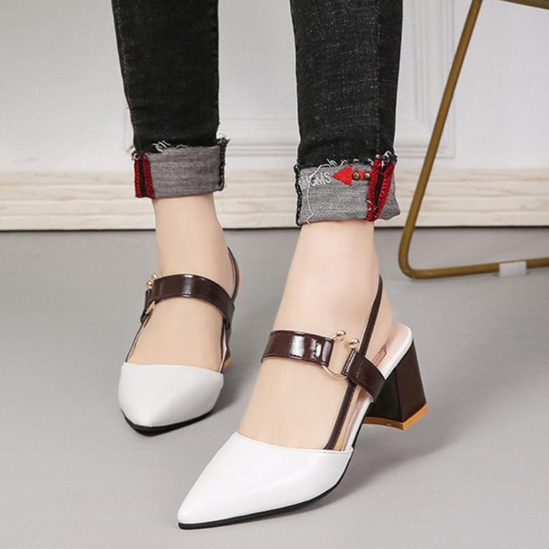Luxury Women's High Heels Pointed Toe Women Sandals Pu Leather Party Shoes High Quality Chunky Heels Women Shoes Fashion Zapatos