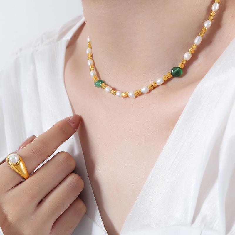 Natural Pearl & Steel Bead Patchwork Necklace with Stone Fairy Charm - Versatile Clavicle Chain Jewelry for Women