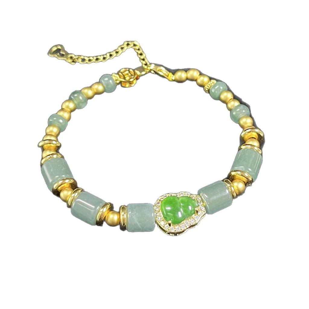 Exquisite Green Gourd Jade Bracelet - Chinese Style, Light Luxury, Gold-Plated Beads, Long-Lasting Color