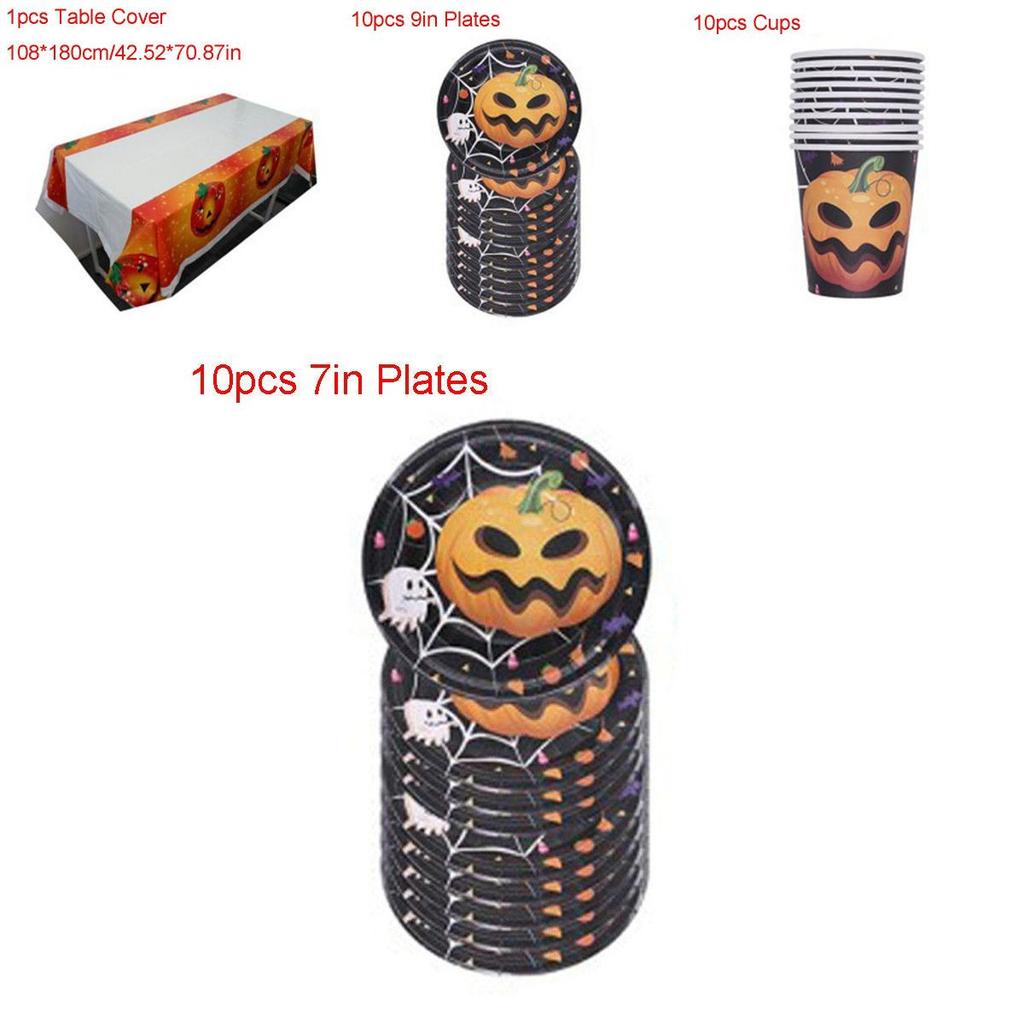Halloween Party Happy Decoration Supplies Pumpkin Tablecover Straws Plates Paper