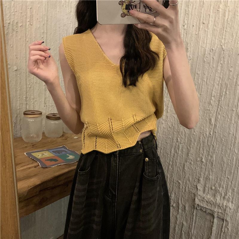 Women's Popular Summer Thin French Versatile Hollow Out Design Irregular V Neck Camisole Knit Top