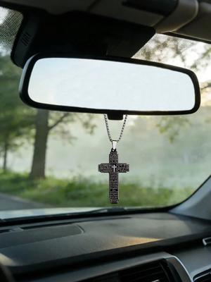 1 Nerezový křesťanský křížový přívěsek do auta - Verš z Bible, Modlitba Páně, Jednoduchá náboženská ozdoba na zpětné zrcátko, Dárek víry