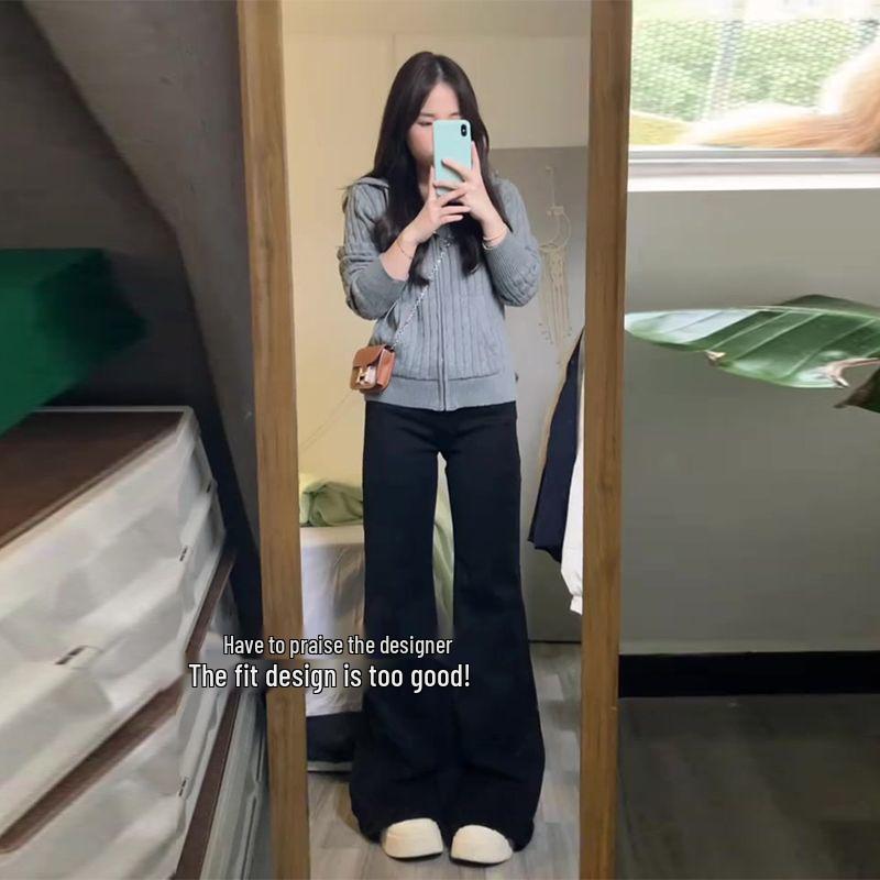 Women's Black Petite Velvet Micro Flare Jeans - Slimming Autumn/Winter Floor-Length Pants