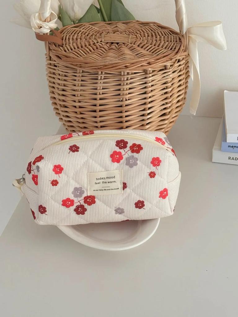 Red Flower Soft Corduroy Women's Cosmetic Bags Cases Travel Portable Ladies Storage Bag Large Capacity Female Makeup Handbag