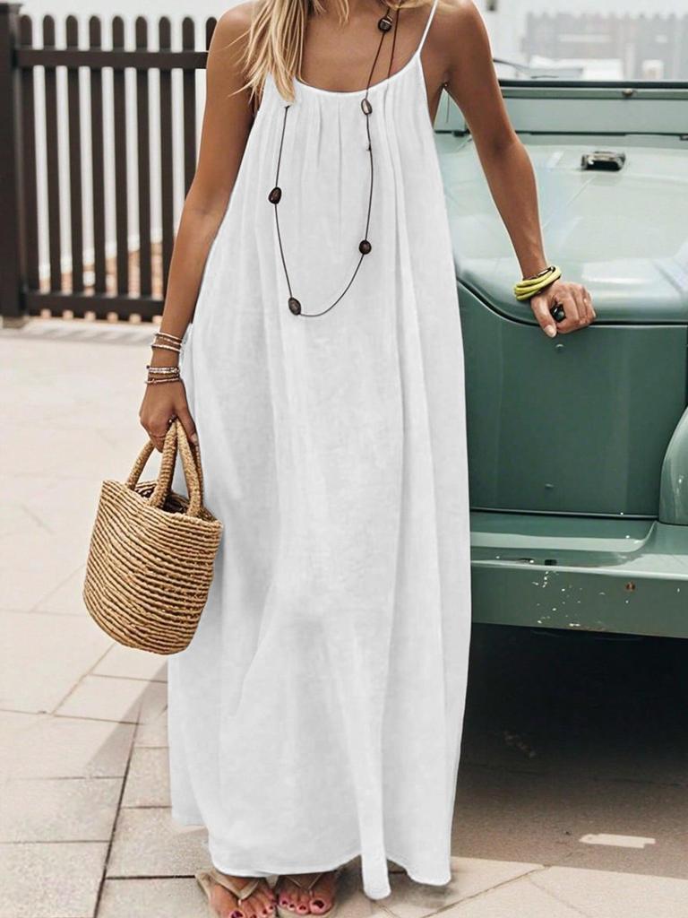 Backless Halter Ice Silk Long Dress - Women's Summer Solid Color Shirred Maxi Skirt