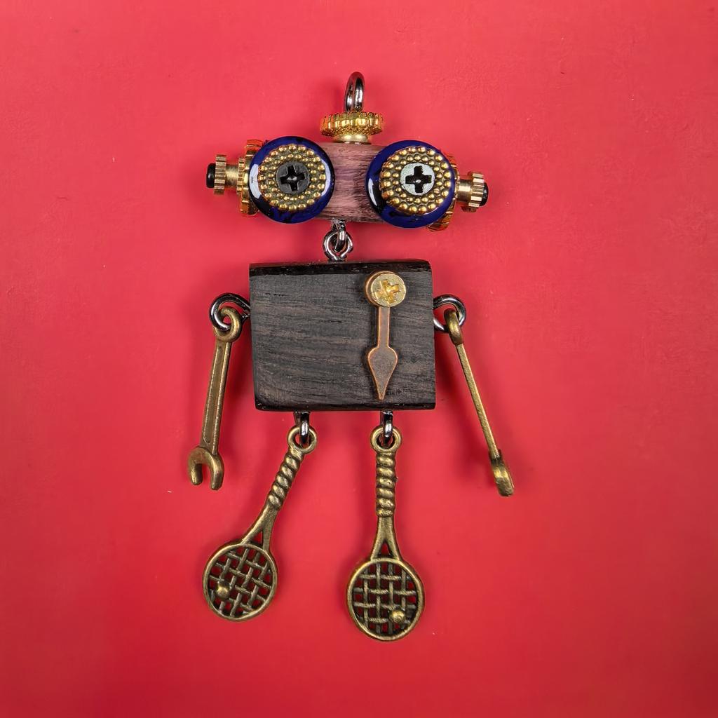 Handmade Punk Robot Pendant Wood Body Metal Eyes Legs Gun In Hand Necklace Keychain Pendant