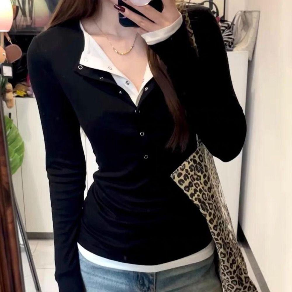 Patchwork Fake Two-Piece T-Shirt V-Neck Women's Layering T-Shirt Base Shirt  Autumn Season