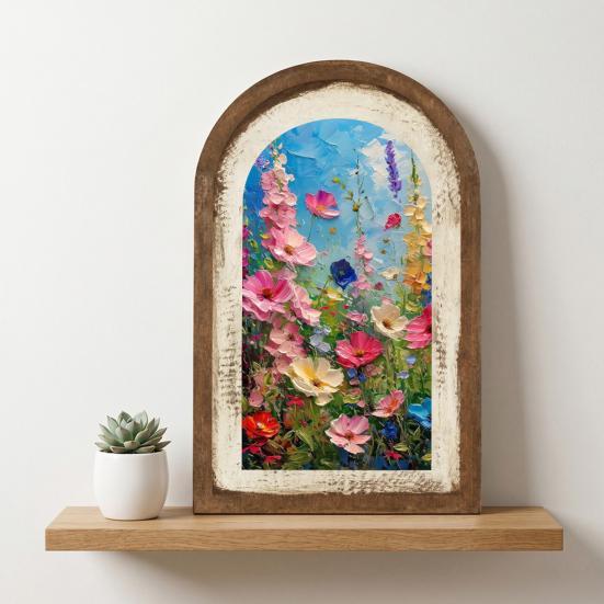 Vintage Framed Wall Art, Curved Wooden Floral Wall Art, Arched Wood Framed Wall Art, Rustic French Country Style Paintings for Bedroom