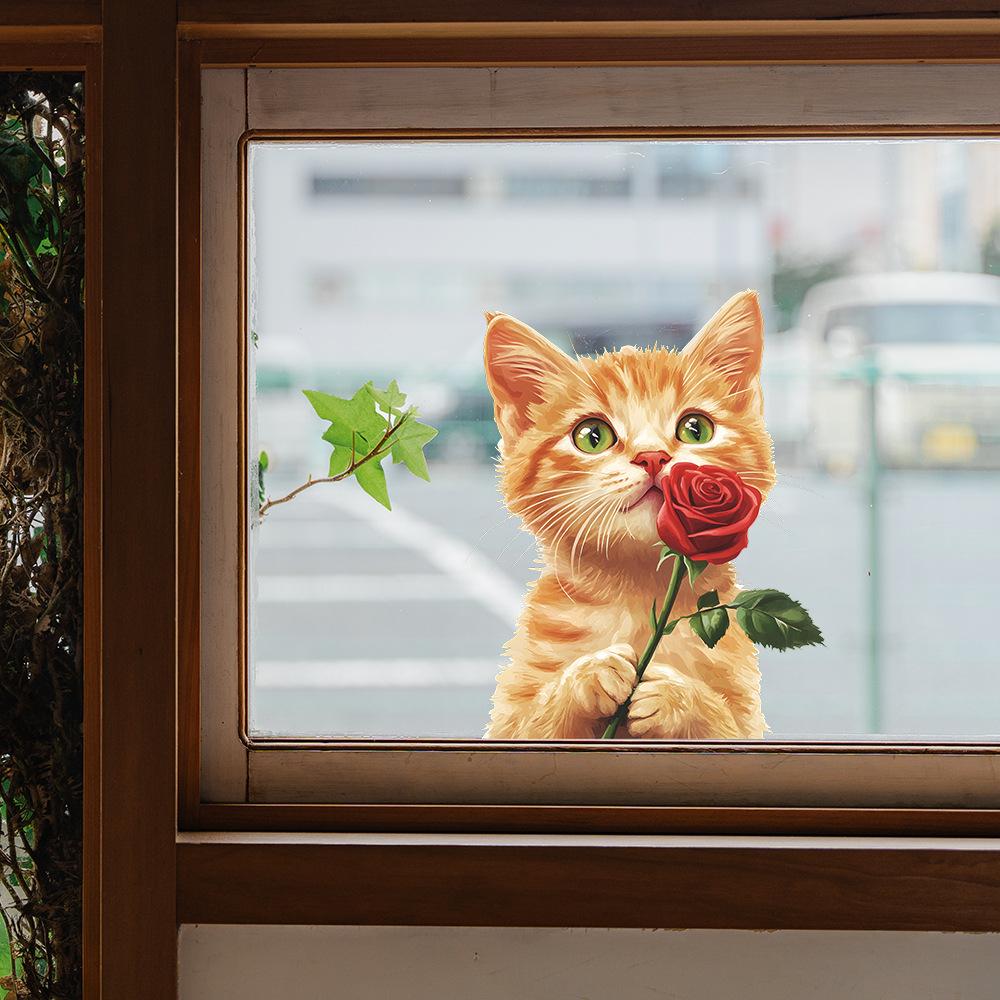 Chat Orange Mignon Roses Balcon Fenêtres en Verre Fond Maison Embellissement Autocollants de Fenêtre