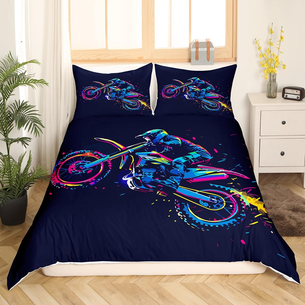 

Dirt Bike Duvet Cover Twin Motocross Rider Comforter Cover Комплект постільної білизни для екстремальних видів спорту Класний комплект постільної білизни для мотоциклістів для хлопчиків і дорослих AU Single(140x210cm)