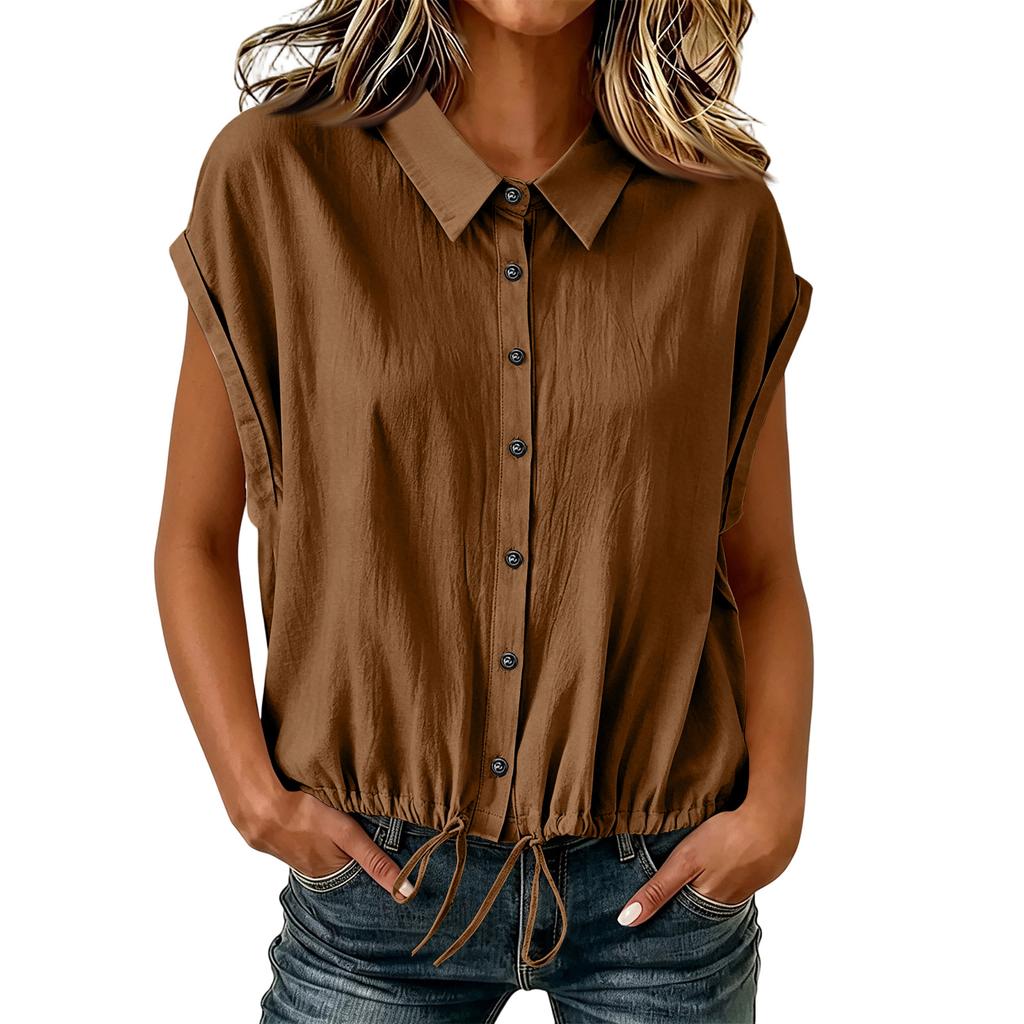 Camicia Casual da Donna a Bottoni Manica Corta Orlo con Coulisse Vestibilità Rilassata Top Leggero per l'Uso Quotidiano