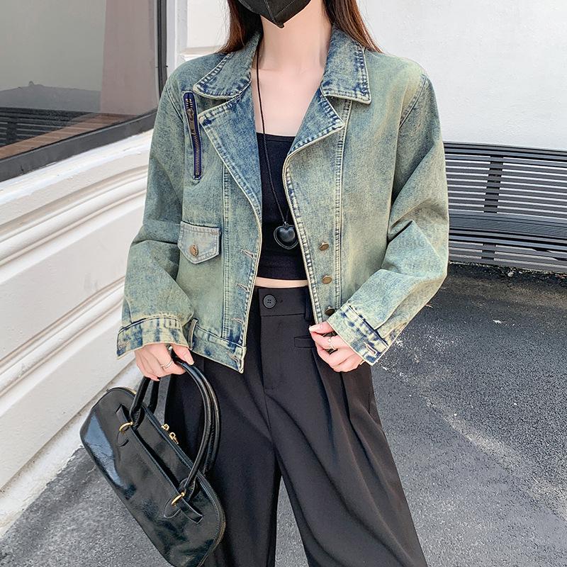 Authentic Retro Lapel Denim Jacket for Women: Stylish, Slim-Fit, Short Casual Jacket for Spring and Autumn L синий