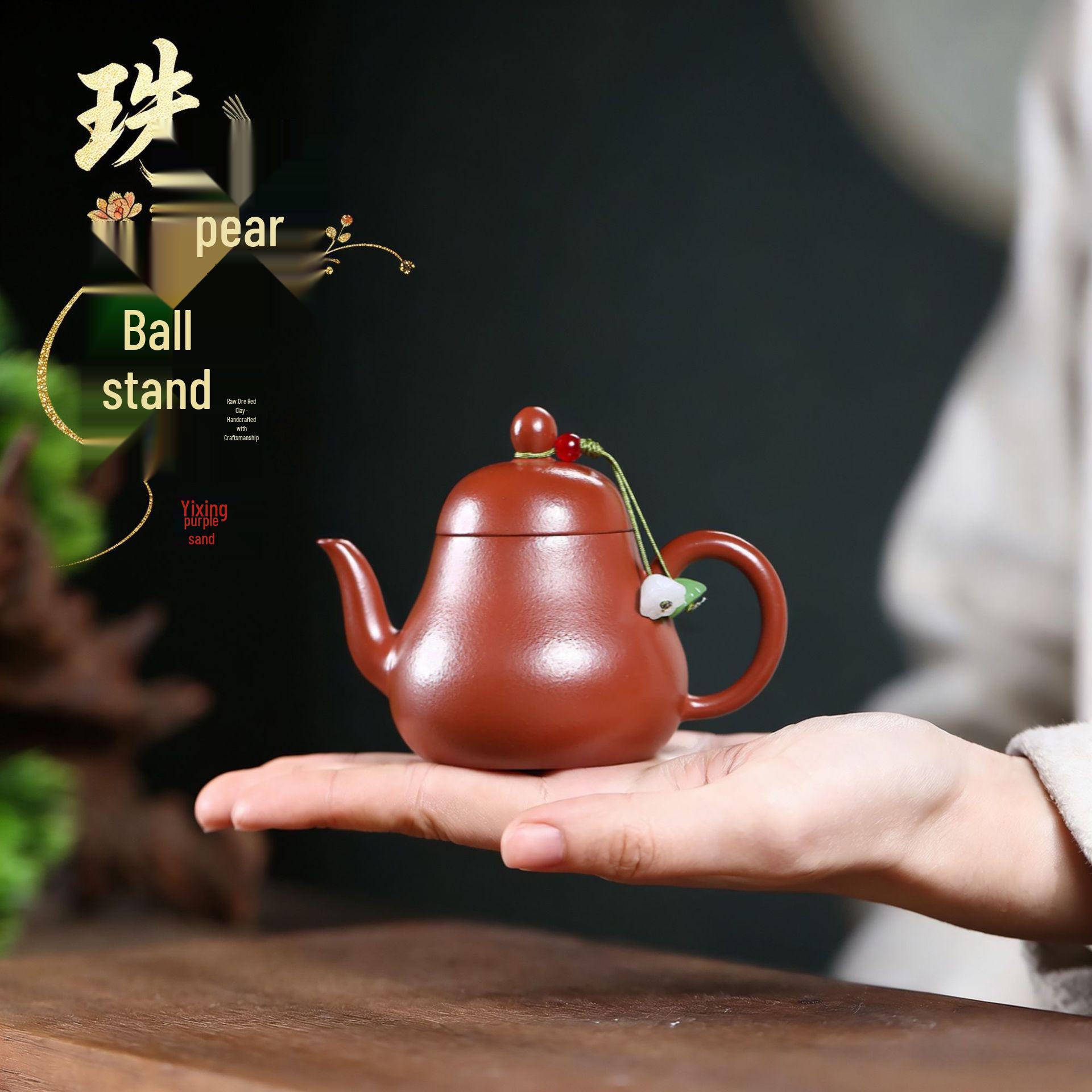 Handmade Yixing Zisha Teapot with Zhu Ni Bead Pear Jade Stand - Exquisite Gongfu Tea Brewing Set for Home. 110ml