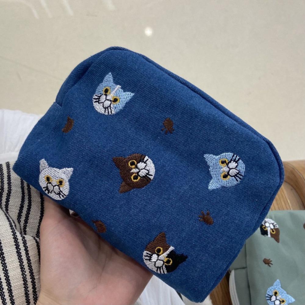 

Cute Cat Embroidery Cosmetic Bag Cartoon Nylon Makeup Bag Lipstick Organizer Cases Student синий