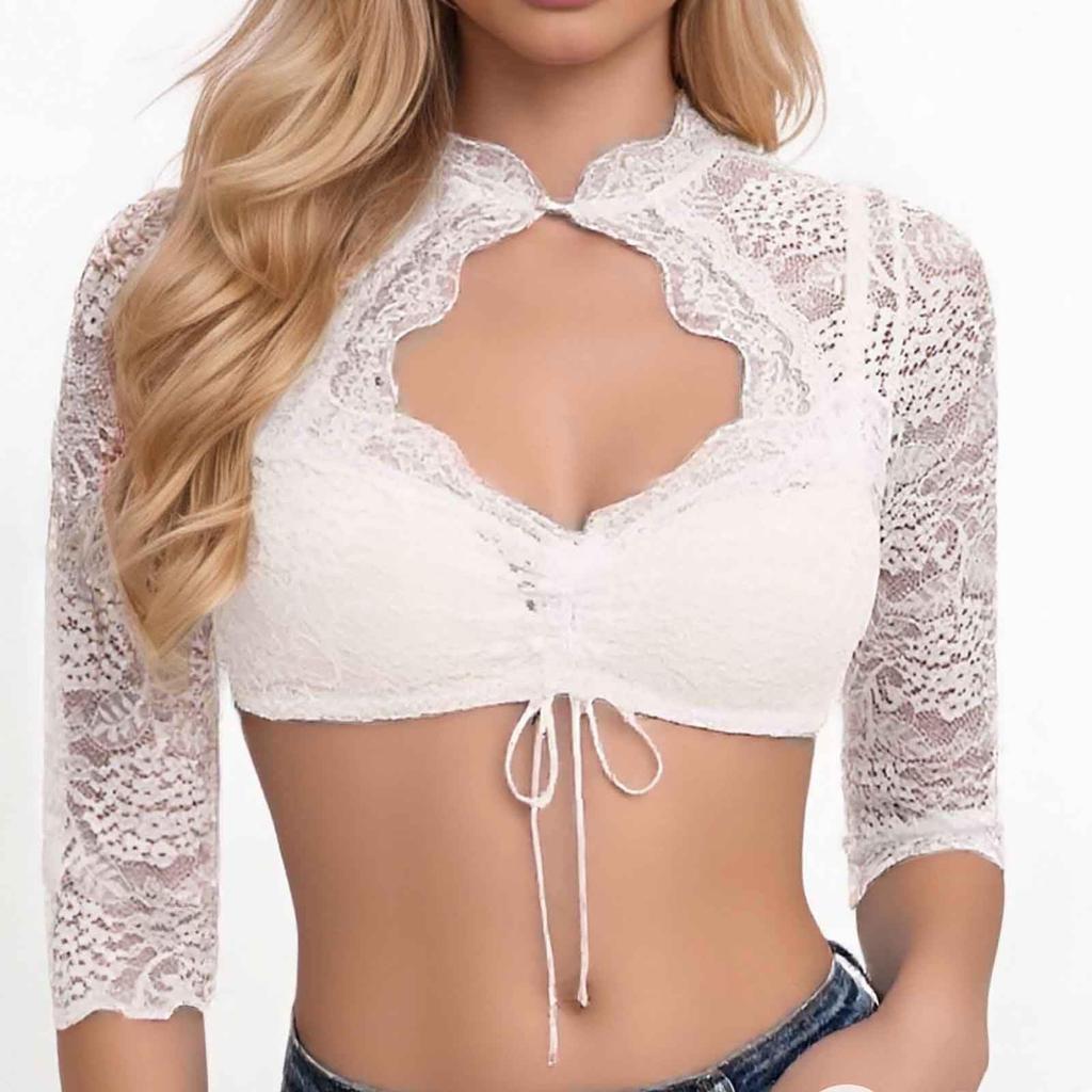 Women's Lace Crop Top Oktoberfest Dirndl Blouse Half Sleeve Traditional Bavarian Festival Shirt with Front Tie Detail