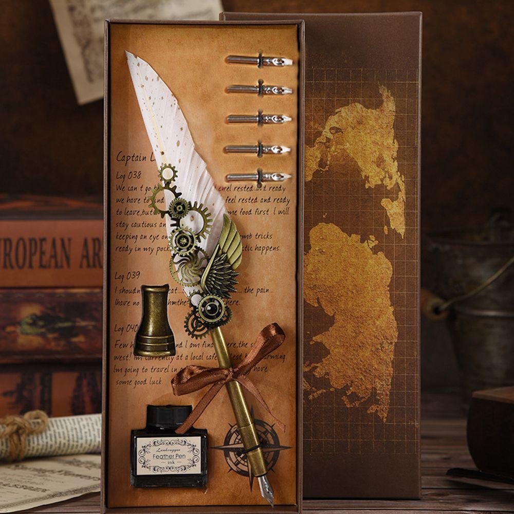 Office Supplies Carving Glittering Quill Pen Set Writing Dip Pen Feather Pen Set Feather Dip Pen