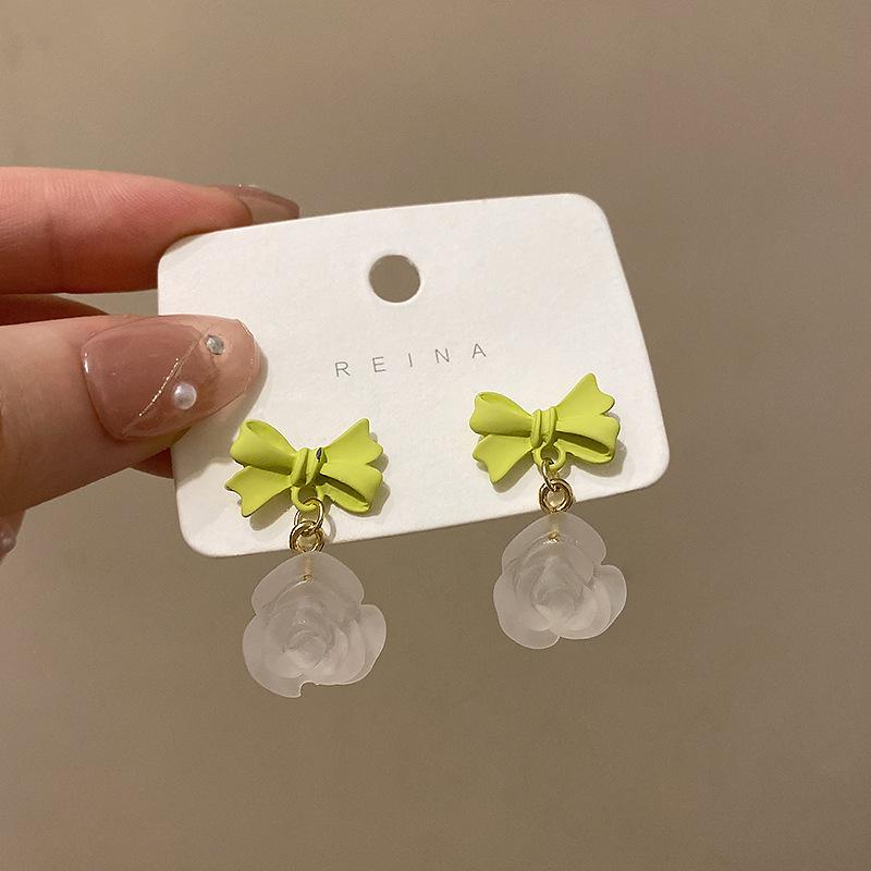 S925 Silver Needle Green Bow Earrings Female Small Fresh Fairy Flower Earrings Mori Personality Ears