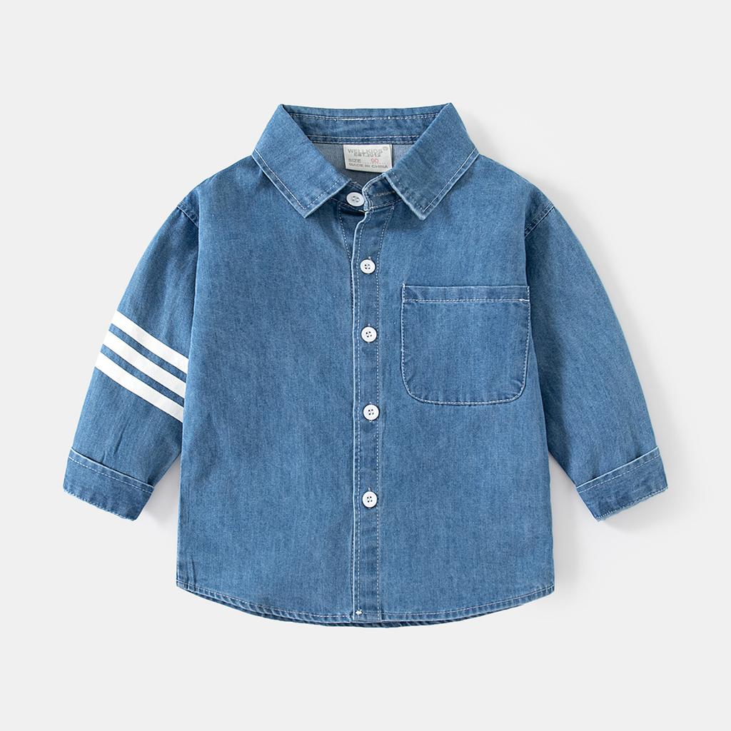 Boys Denim Shirt Long Sleeve Pocket Design Casual Button Down Collared Autumn Fashion Top Clothing for Toddler and Kids