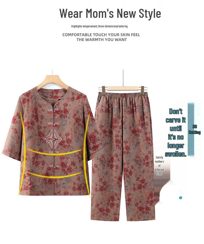 Chinese Style Short-Sleeve Two-Piece Set for Middle-Aged and Elderly Women - Spring/Summer Wear