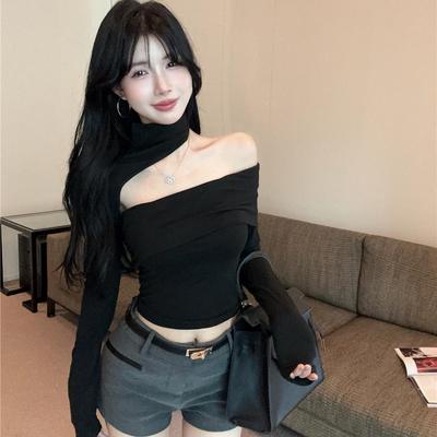 Off-Shoulder Pleated Irregular Slim-Fit Long-Sleeve Spring/Summer Women's Top