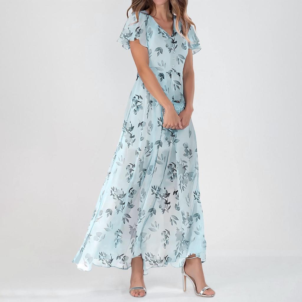 Women's Floral V-Neck Maxi Dress Elegant Short Sleeve Summer Beach Dress with Flowing Hemline