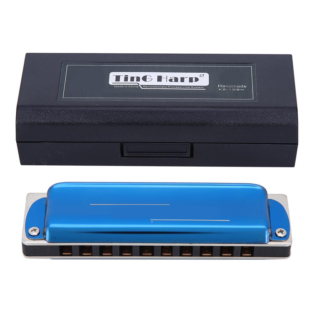 Blues Harp Harmonica 10‑Hole Professional Mouthorgan G Key Gifts Stainless Steel Cover(Blue )